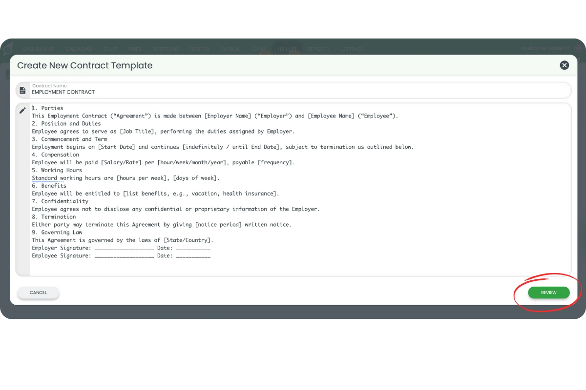Create New Contract Template modal with the Review button highlighted