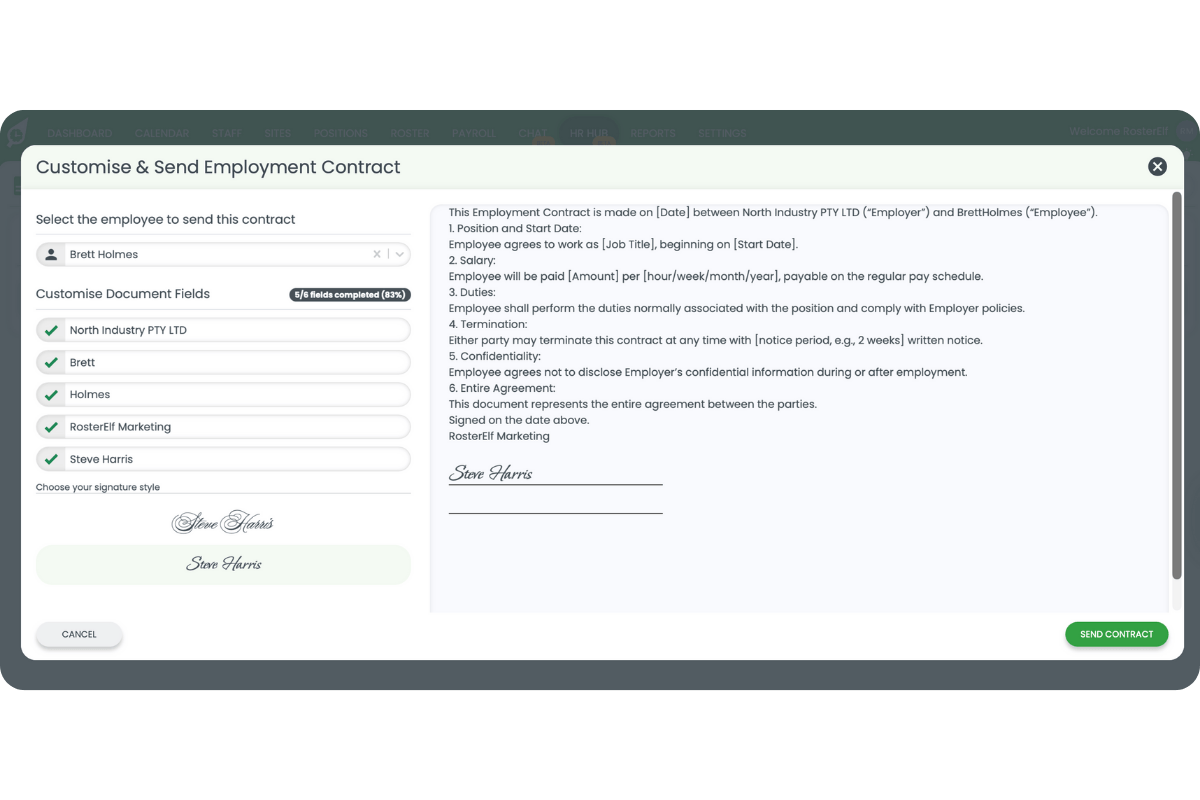 Customise Document Fields section showing placeholder fields mapped to company details