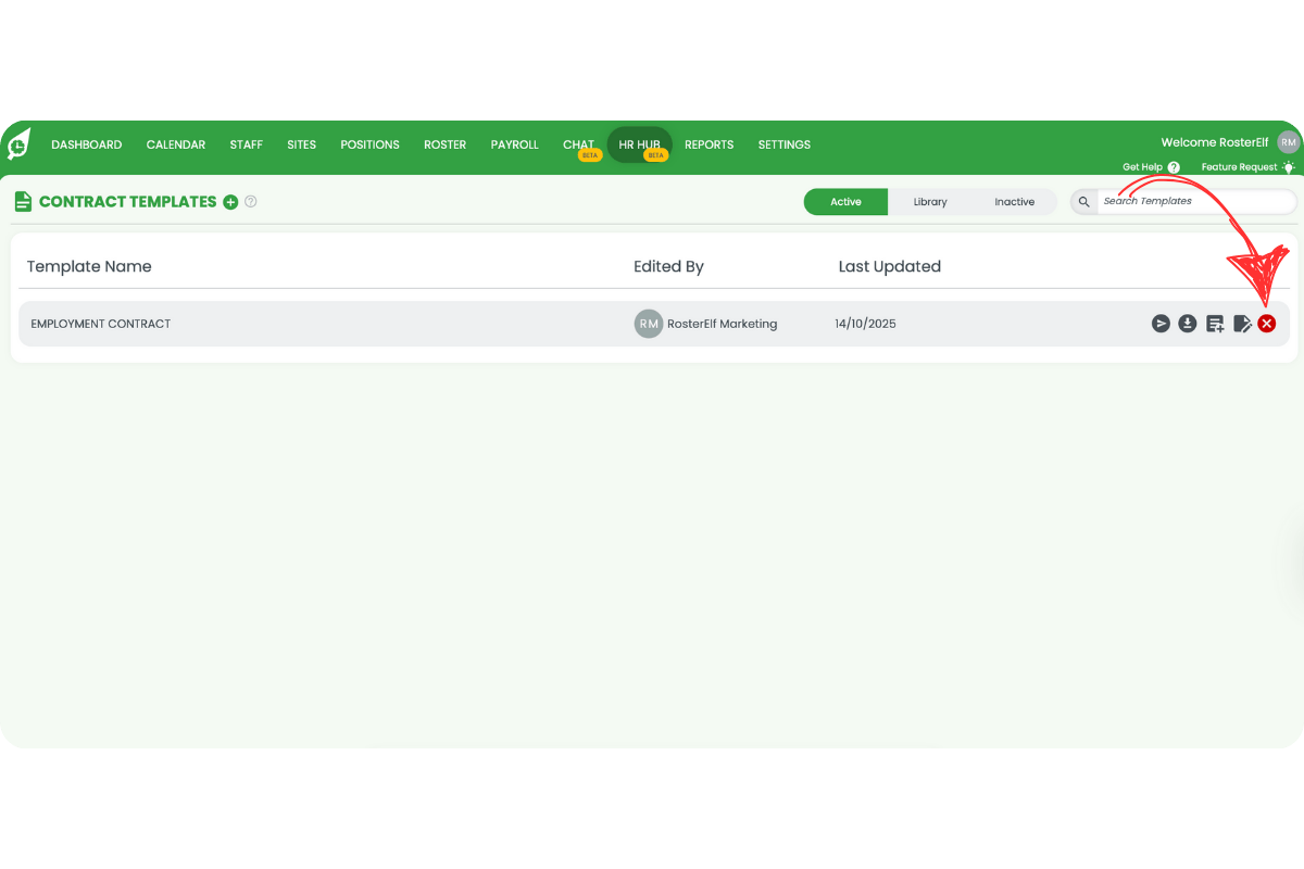 Contract Templates Active view with the deactivate x icon highlighted on the contract row