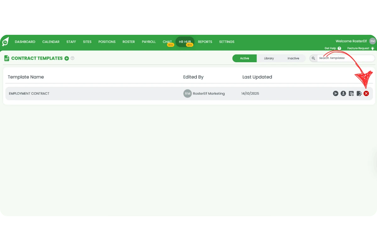 Contract Templates Active view with the deactivate x icon highlighted on the contract row