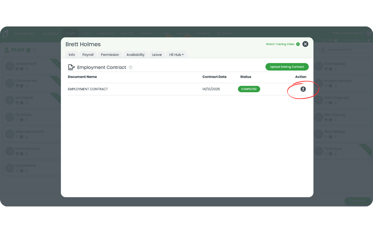 Staff HR Hub tab showing the Employment Contract with Completed status and Download icon circled