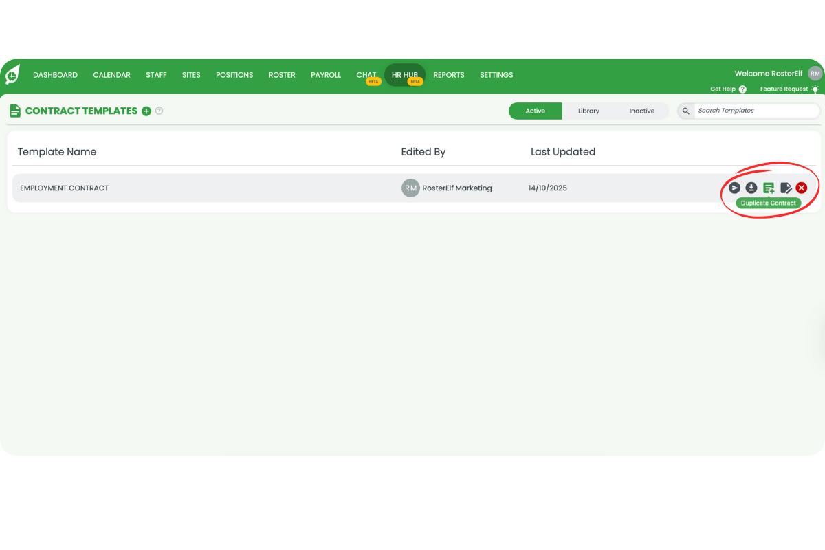 Contract Templates Active view with Duplicate Contract tooltip displayed on the action icon
