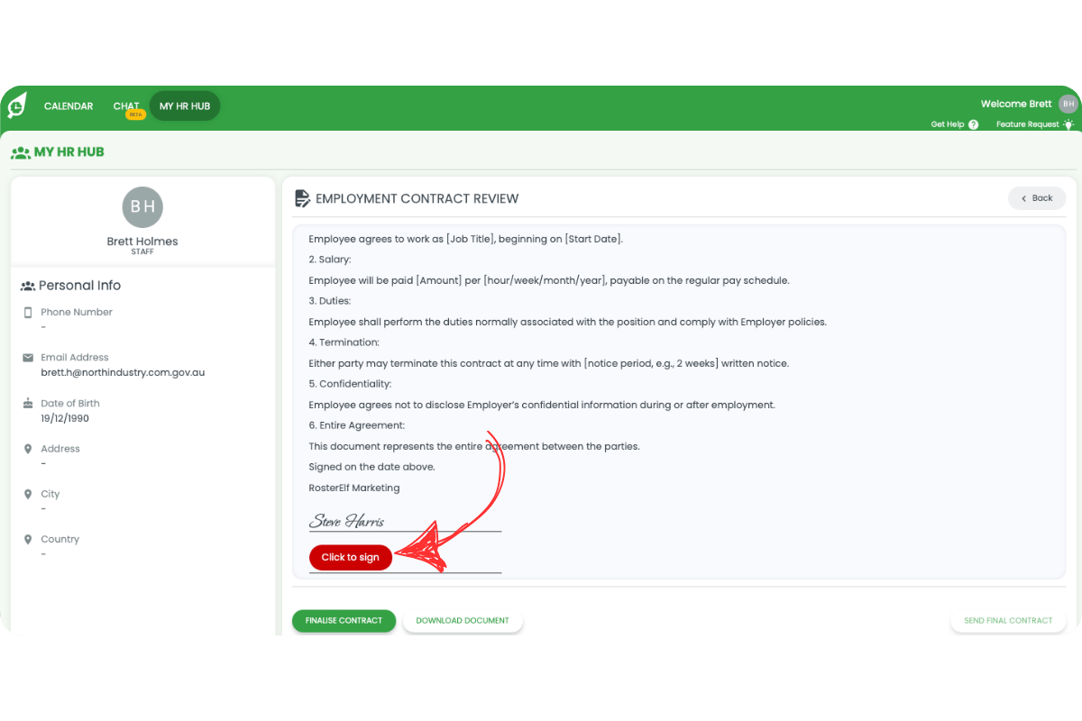 My HR Hub Employment Contract Review screen with Click to Sign button highlighted