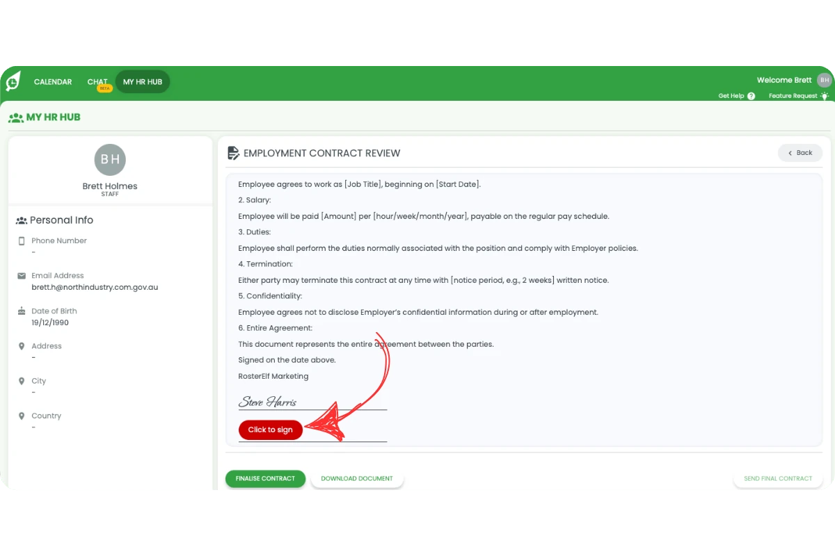 My HR Hub Employment Contract Review screen with Click to Sign button highlighted