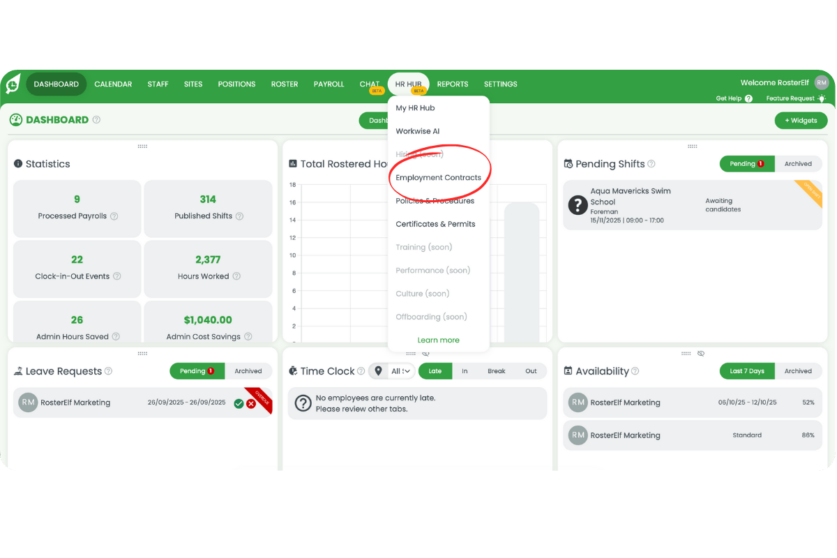 RosterElf dashboard with HR Hub menu open and Employment Contracts highlighted