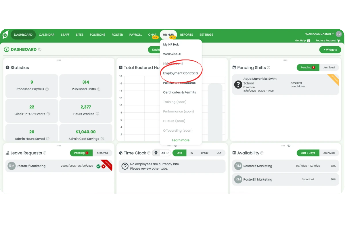 RosterElf dashboard with HR Hub menu open and Employment Contracts highlighted
