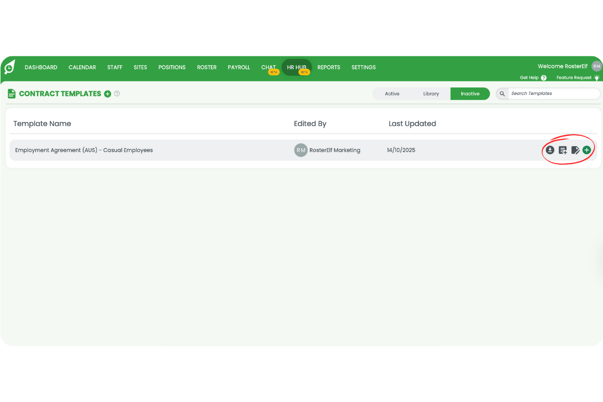 Contract Templates Inactive view with download, duplicate, edit, and reactivate icons circled