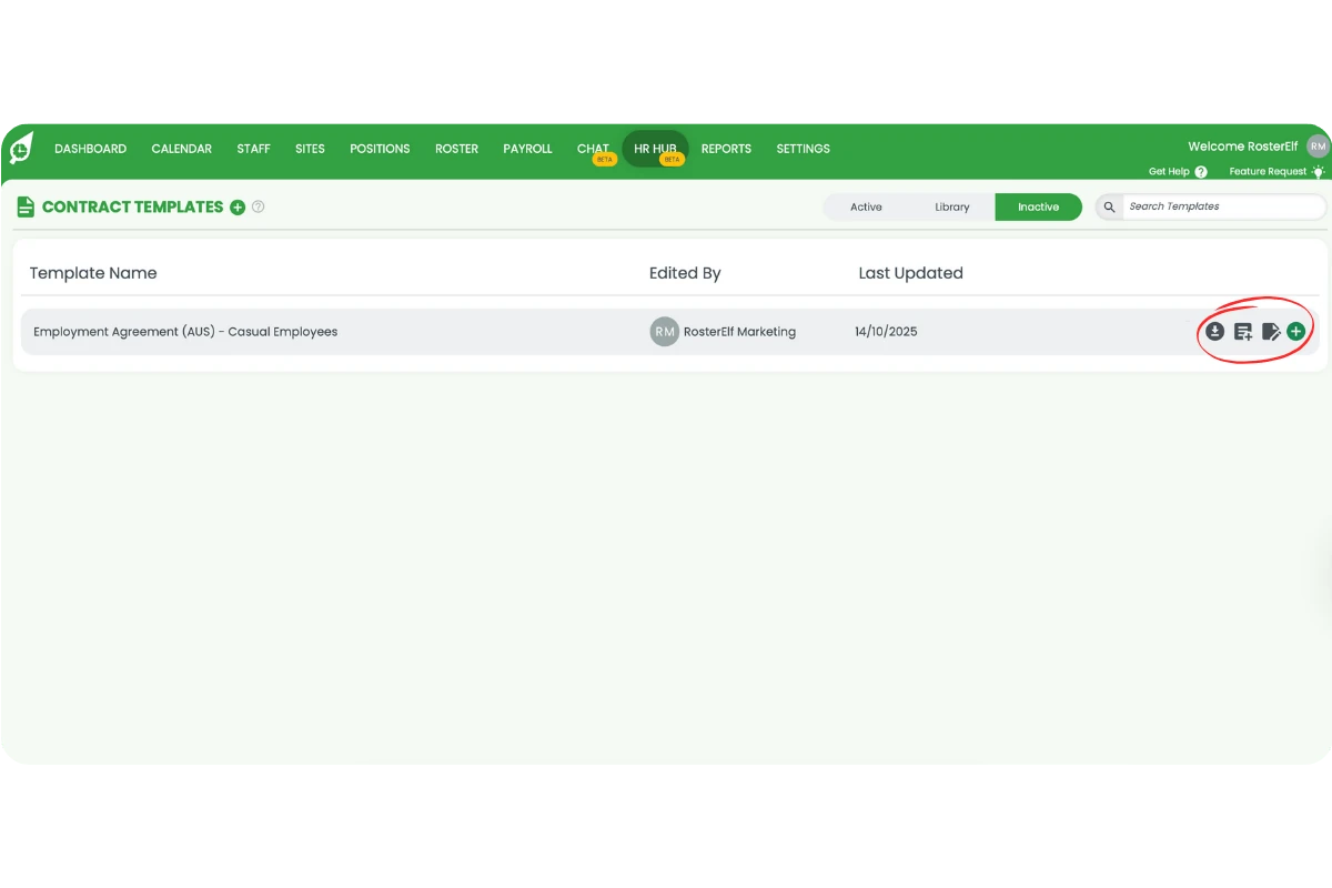 Contract Templates Inactive view with download, duplicate, edit, and reactivate icons circled