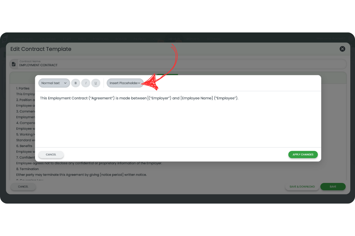 Contract editor toolbar with the Insert Placeholder button highlighted