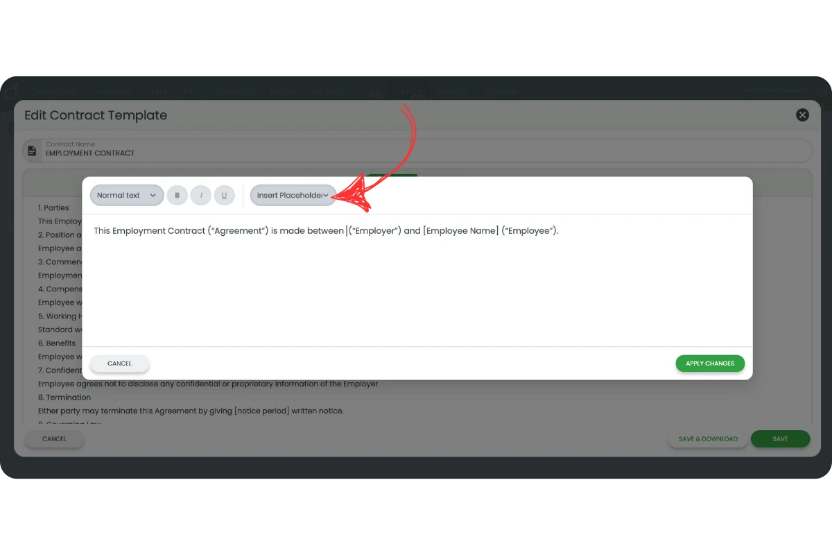 Contract editor toolbar with the Insert Placeholder button highlighted