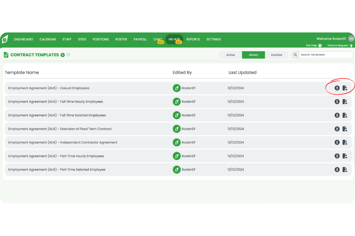 Contract Templates Library view listing draft templates including Casual and Full-Time Salaried agreements