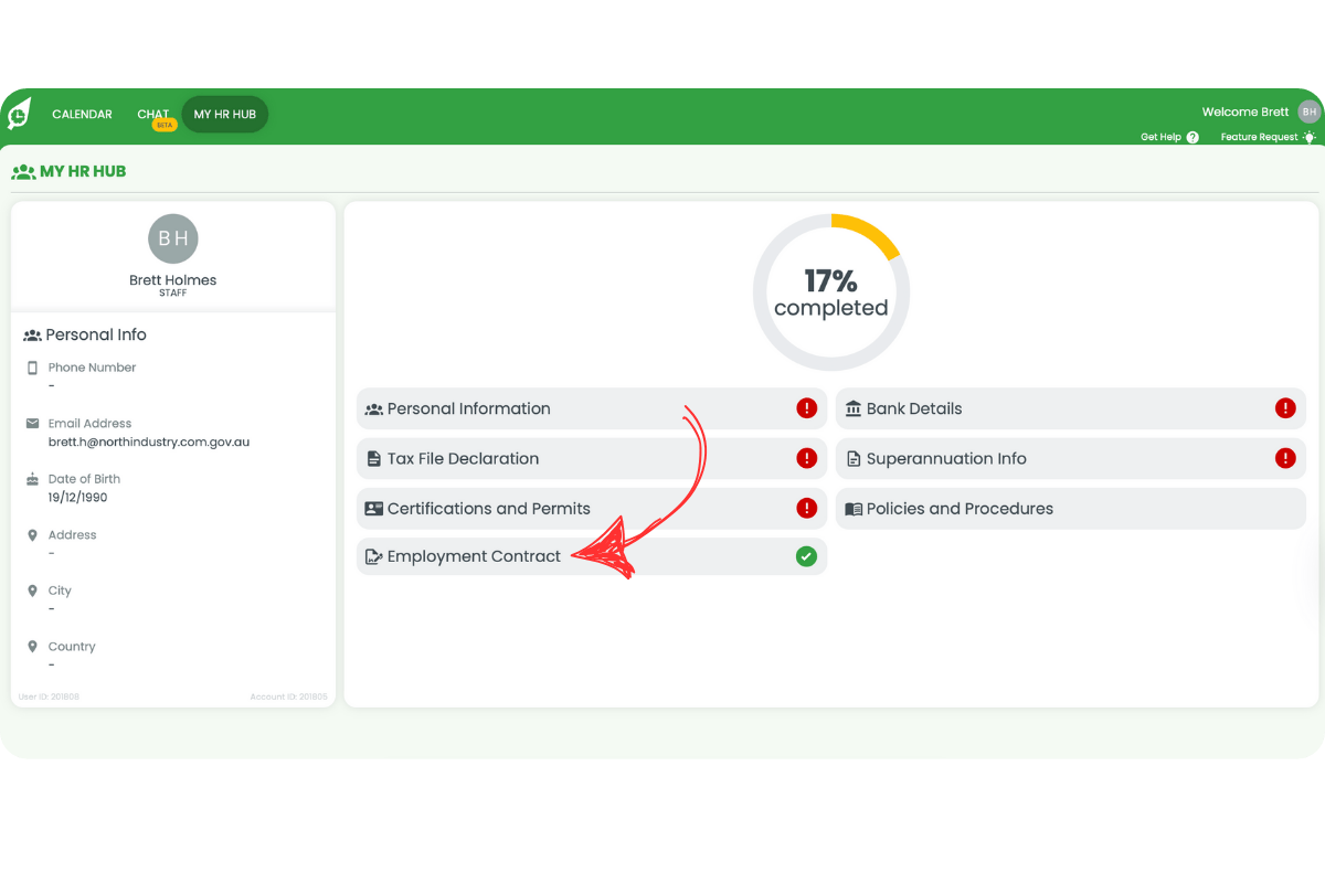 My HR Hub dashboard with Employment Contract tile showing a green completed checkmark
