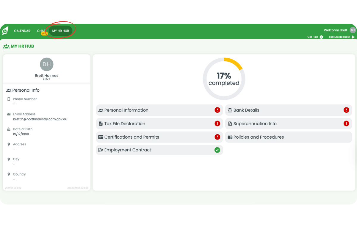 Top navigation bar with My HR Hub menu item circled