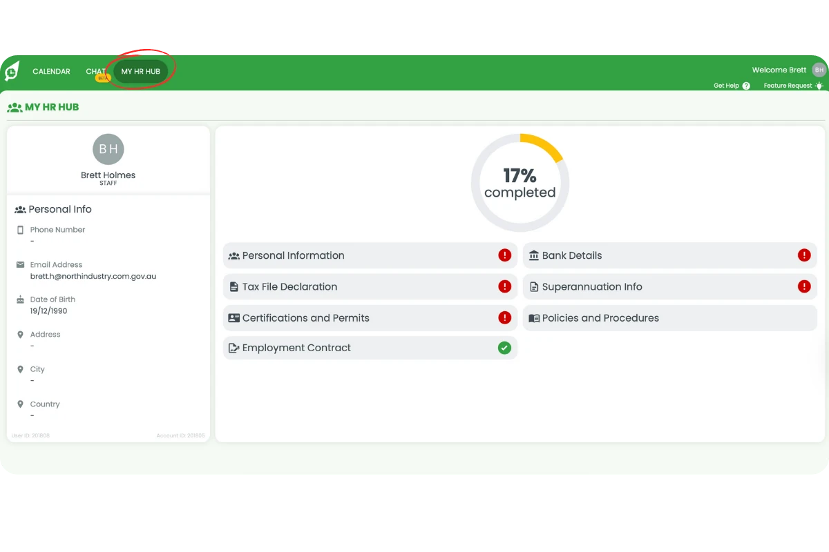 Top navigation bar with My HR Hub menu item circled