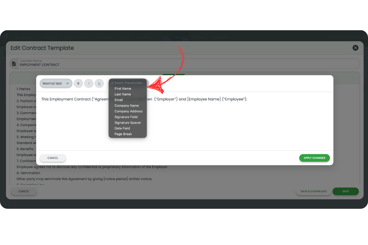 Insert Placeholder dropdown showing options including First Name, Last Name, Company Name, and Signature Field