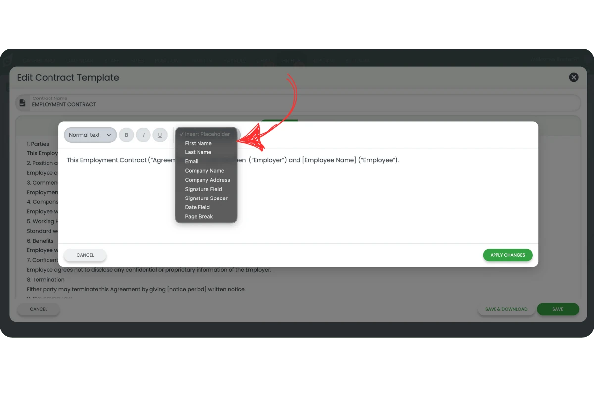 Insert Placeholder dropdown showing options including First Name, Last Name, Company Name, and Signature Field