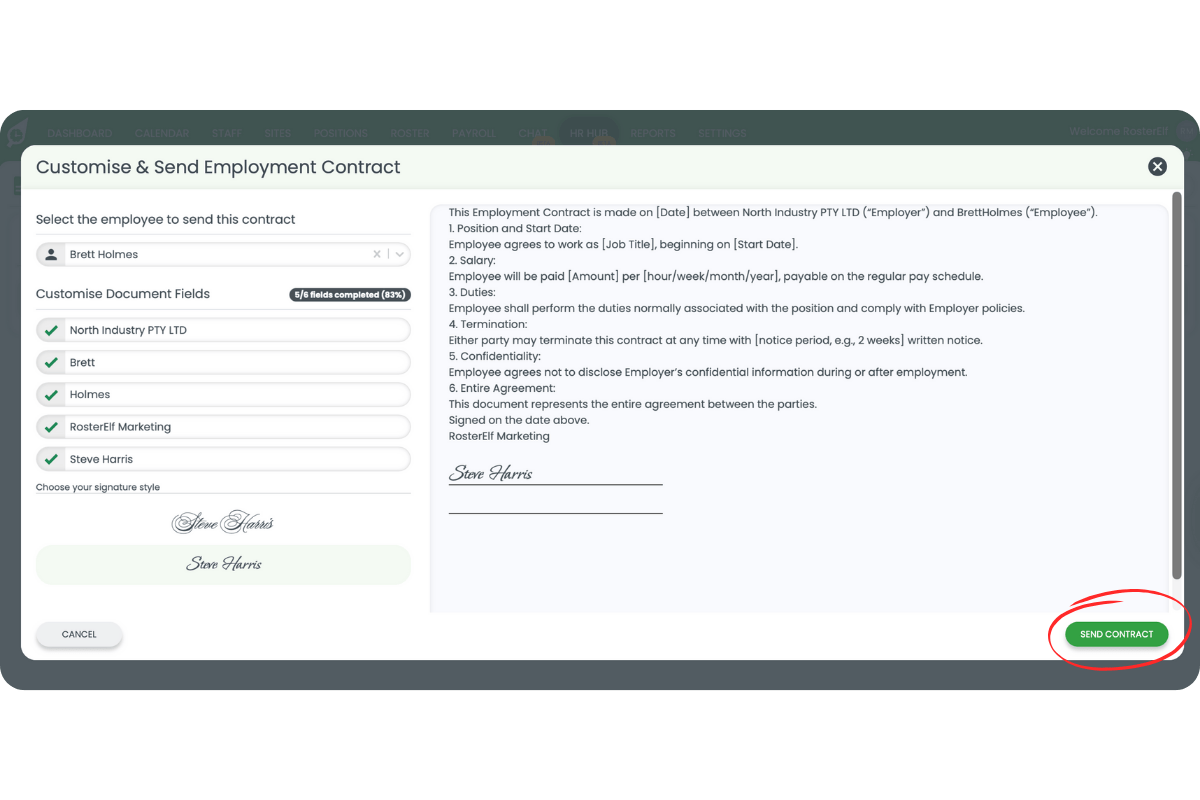 Customise and Send Employment Contract modal with the Send Contract button highlighted