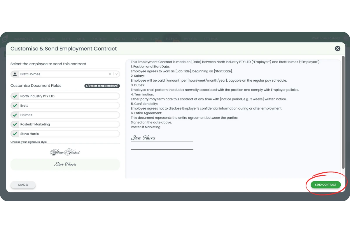 Customise and Send Employment Contract modal with the Send Contract button highlighted