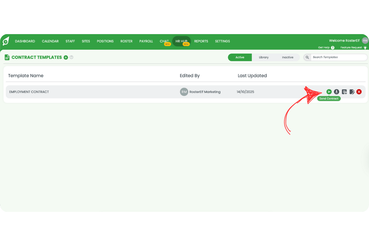 Contract Templates Active view with Send Contract tooltip displayed on the action icon