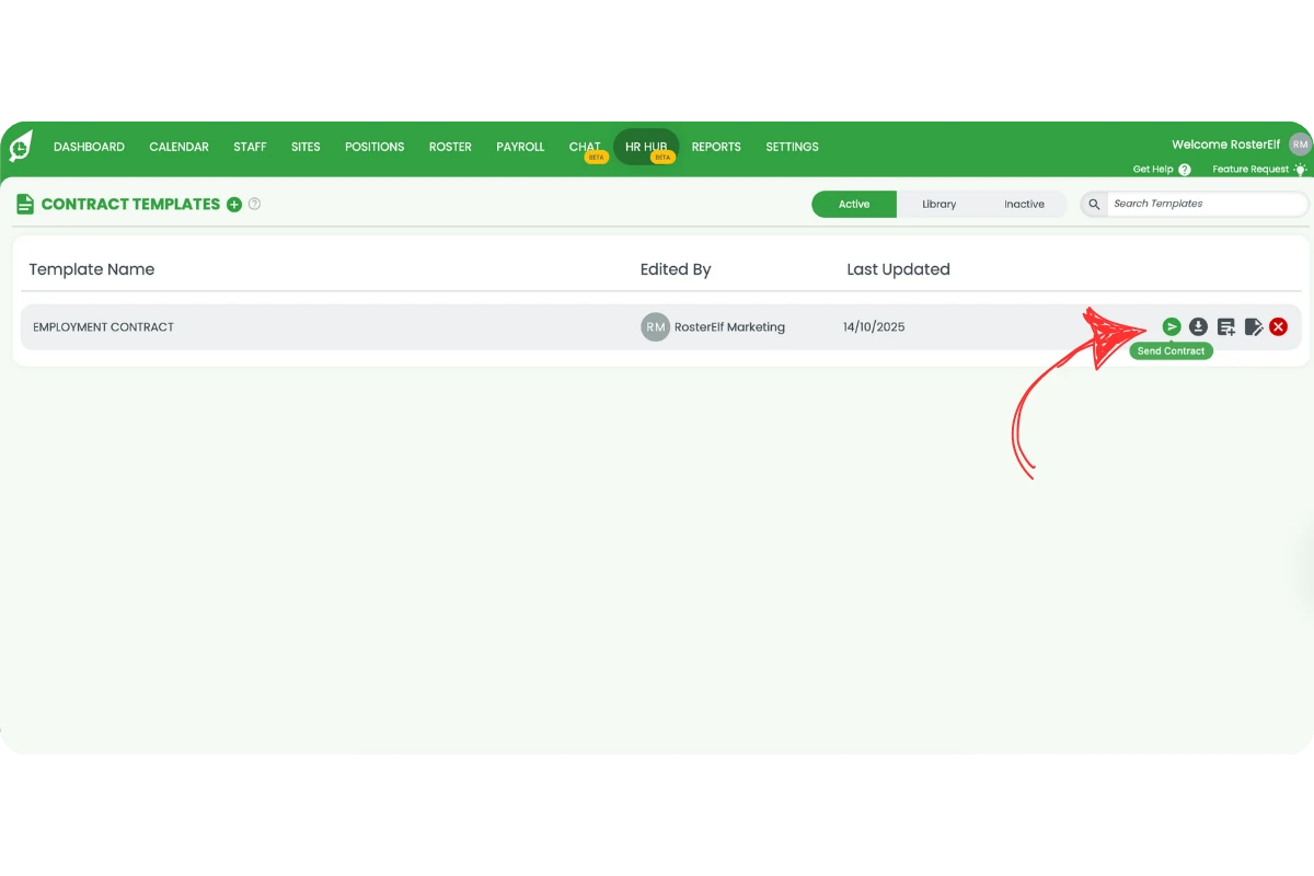 Contract Templates Active view with Send Contract tooltip displayed on the action icon