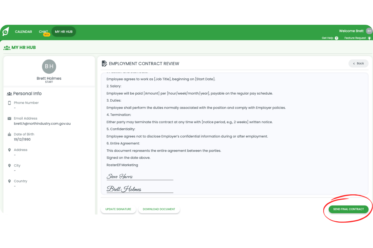 Employment Contract Review with both signatures applied and Send Final Contract button circled