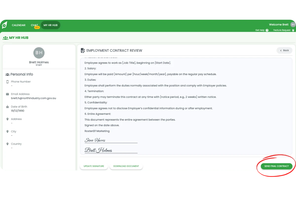 Employment Contract Review with both signatures applied and Send Final Contract button circled