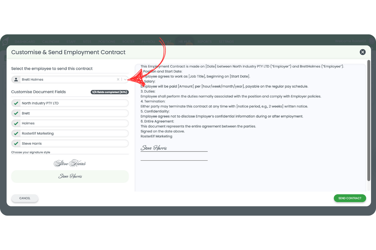 Customise and Send Employment Contract modal with employee selection field highlighted