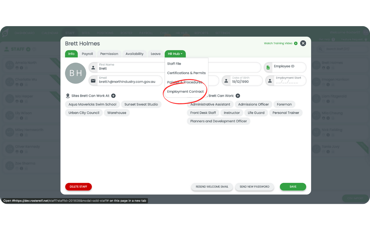 Staff profile modal with HR Hub tab open and Employment Contract section circled