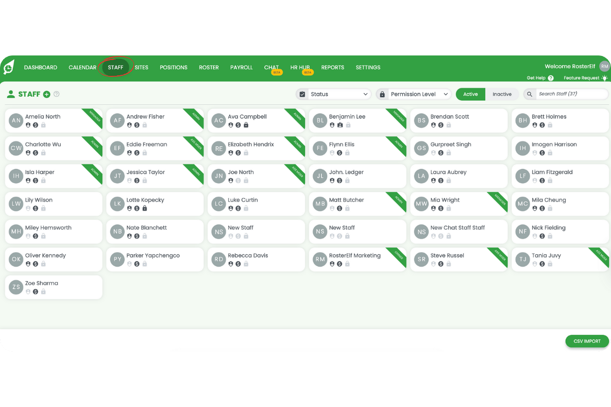 RosterElf Staff tab showing all staff members in a grid view