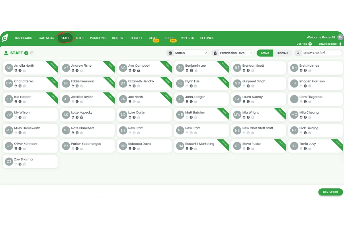 RosterElf Staff tab showing all staff members in a grid view
