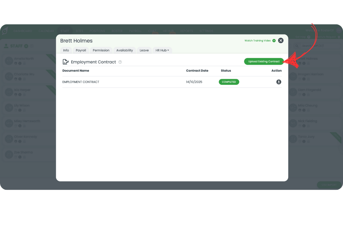 Staff HR Hub Employment Contract tab with Upload Existing Contract button highlighted