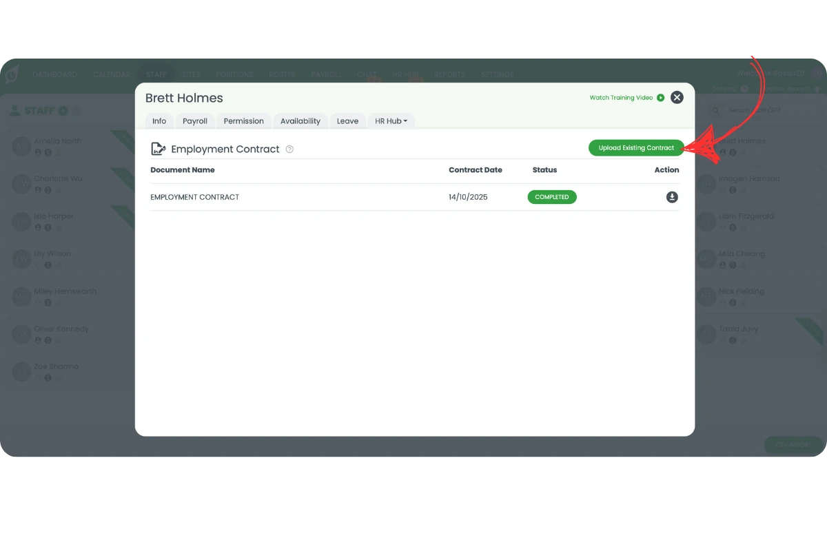Staff HR Hub Employment Contract tab with Upload Existing Contract button highlighted