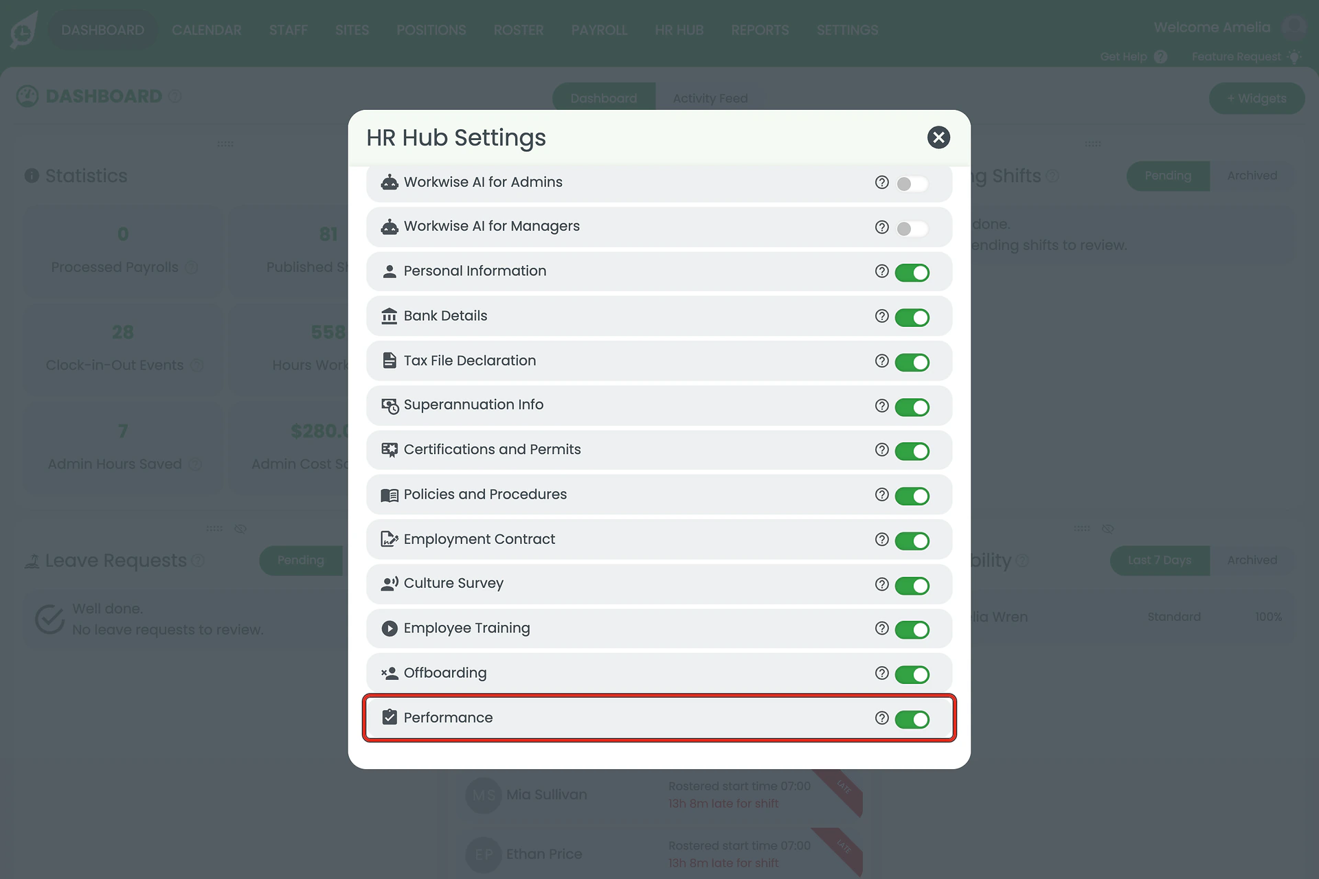 HR Hub Settings with the module list scrolled to the end and the Performance toggle ringed in red
