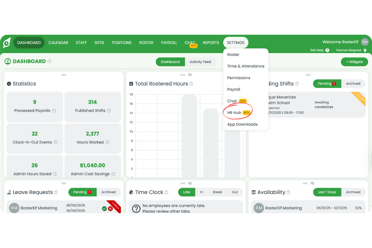 Settings dropdown with the HR Hub option selected