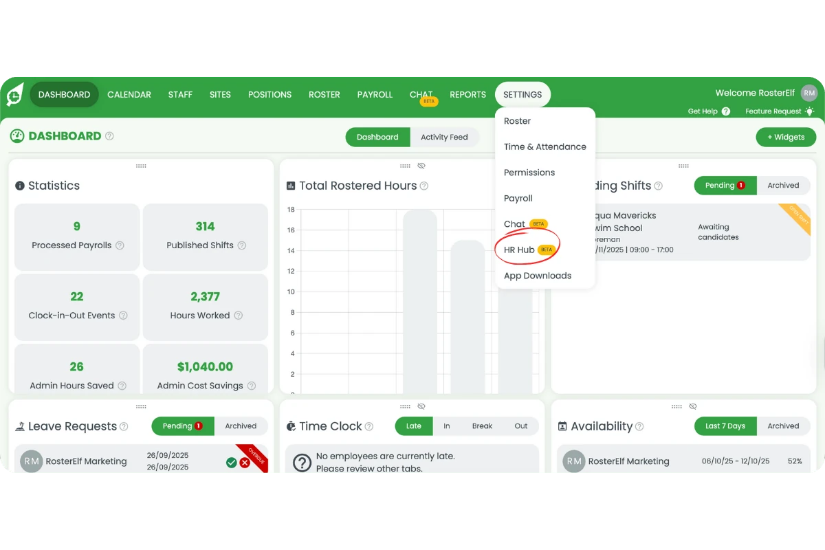 Settings dropdown with the HR Hub option selected