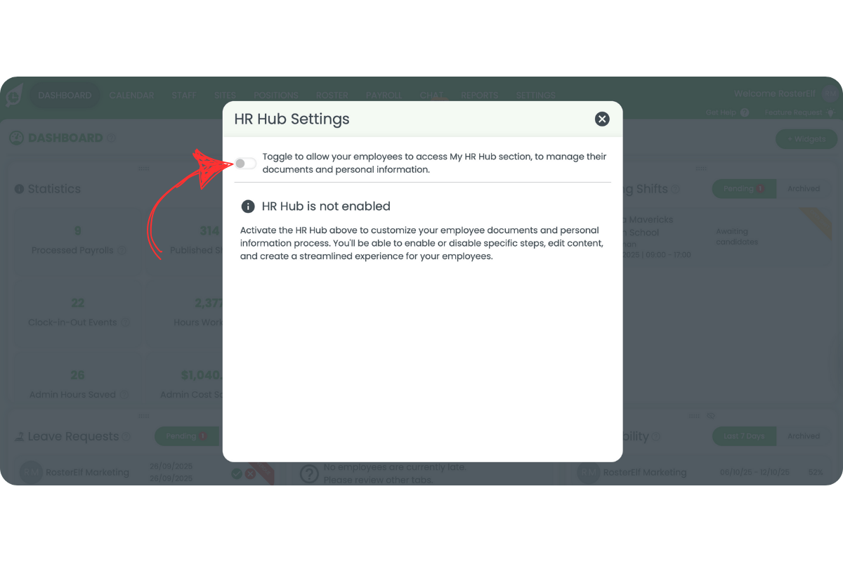 HR Hub modal showing the toggle to enable My HR Hub for employees
