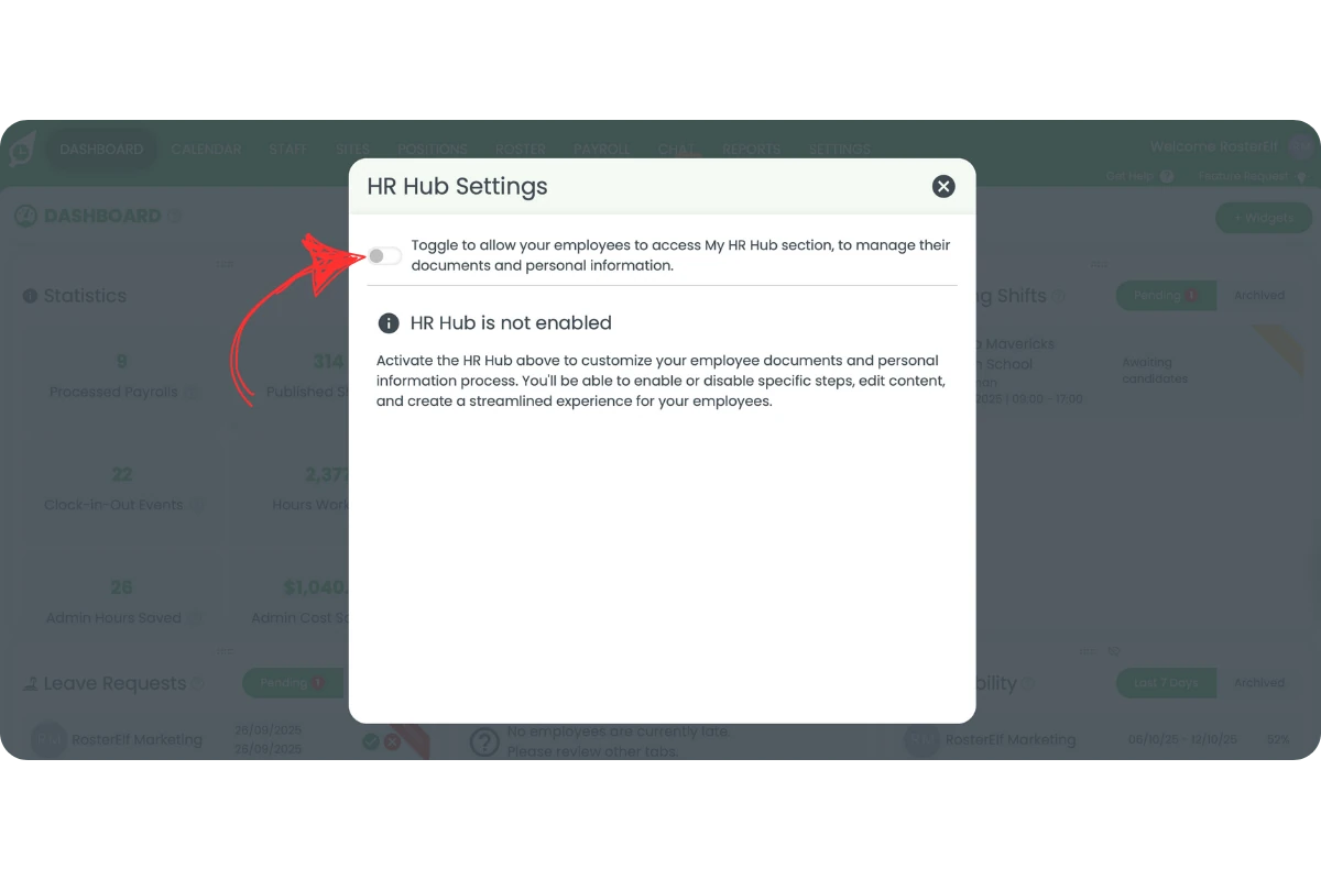 HR Hub modal showing the toggle to enable My HR Hub for employees