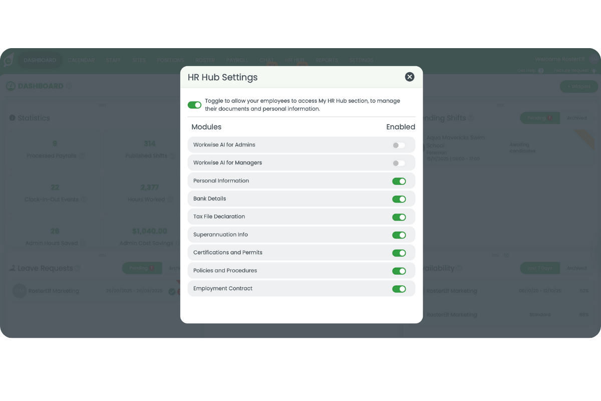 HR Hub modal displaying the list of modules that can be turned on or off