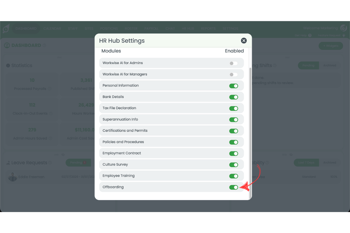 HR Hub Settings modal with a red arrow pointing to the Offboarding toggle at the bottom of the modules list