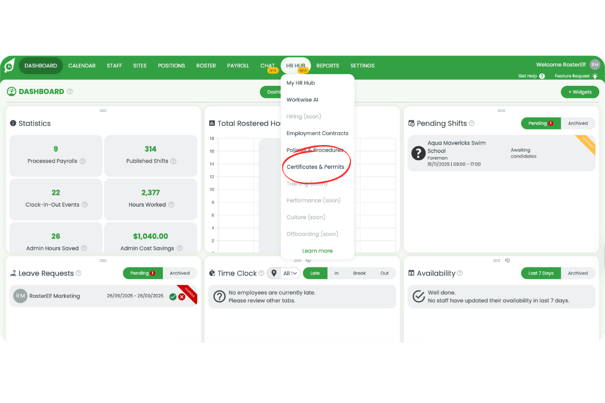 HR Hub menu opened with Certificates & Permits selected from the dropdown
