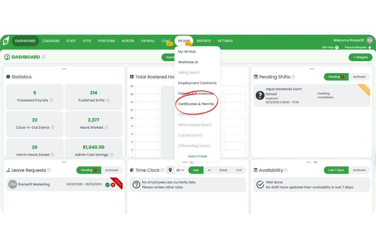 HR Hub menu opened with Certificates & Permits selected from the dropdown