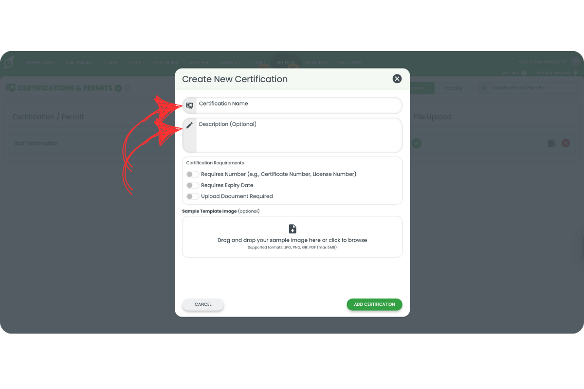 Create New Certification modal with fields for Certification Name and Description