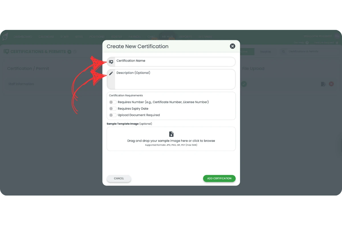 Create New Certification modal with fields for Certification Name and Description