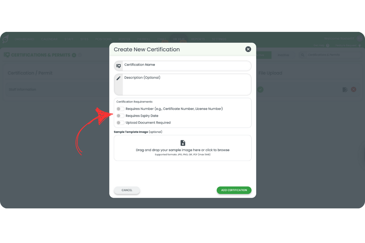 Requirement toggles for Number, Expiry Date, and Upload Document set to green