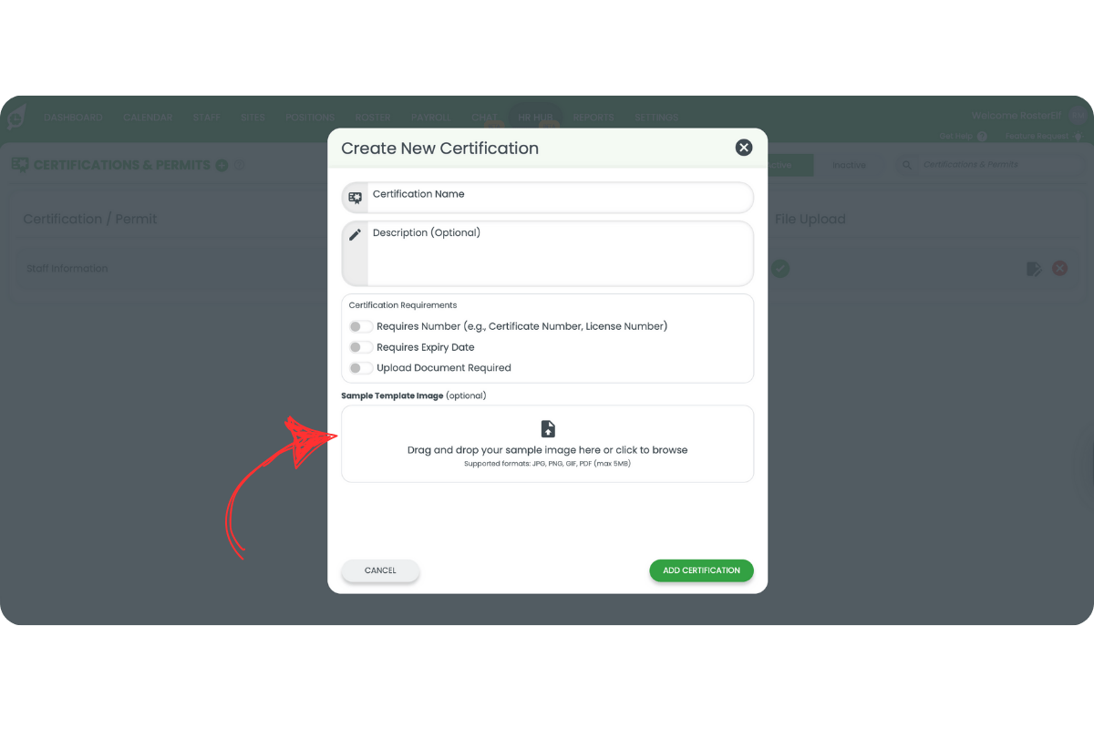 File uploader area for adding a Sample Template Image