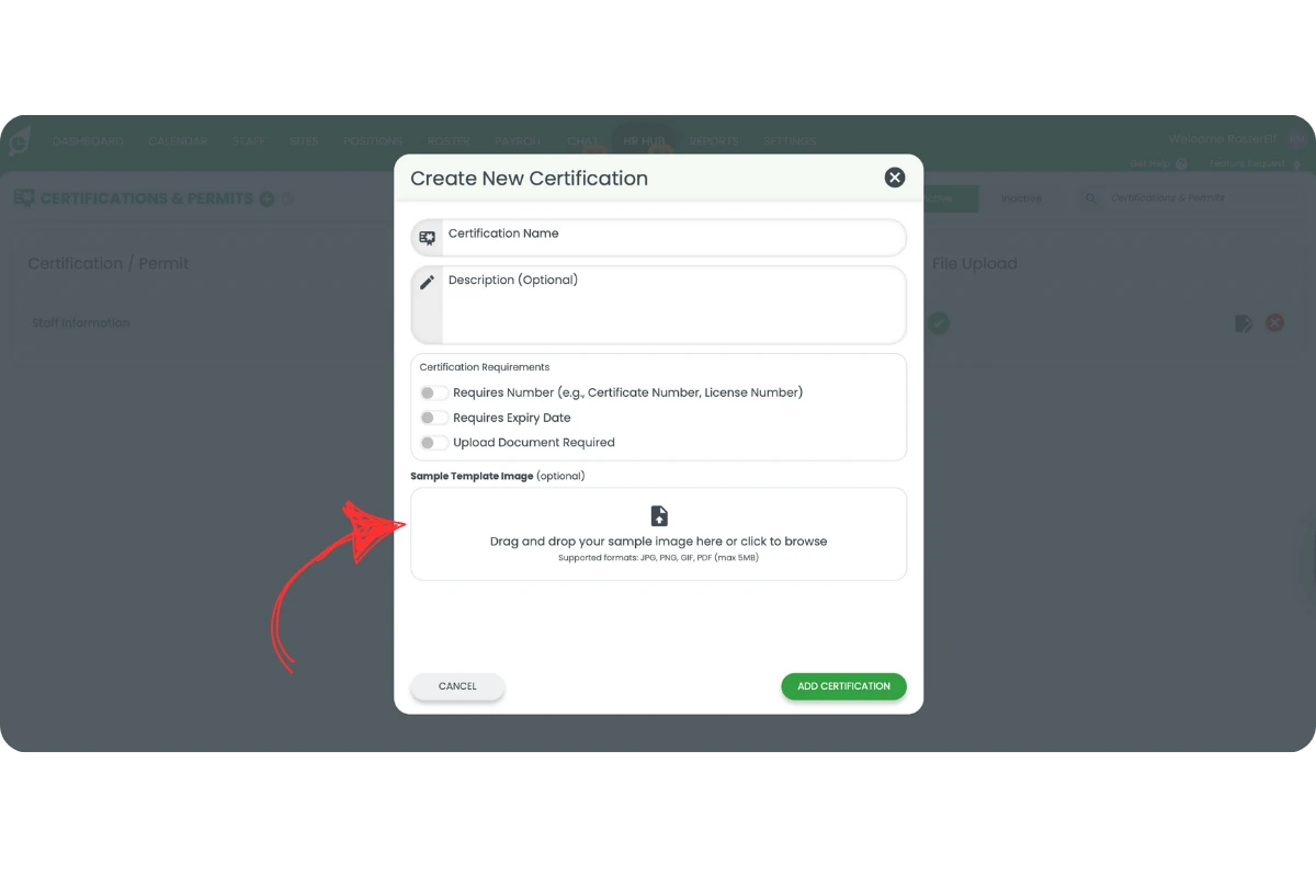 File uploader area for adding a Sample Template Image