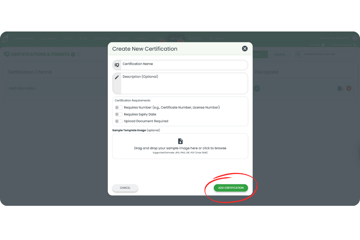 Success confirmation after adding a certification and the new item listed under Active