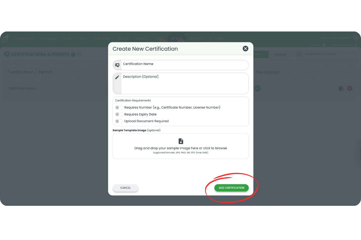 Success confirmation after adding a certification and the new item listed under Active