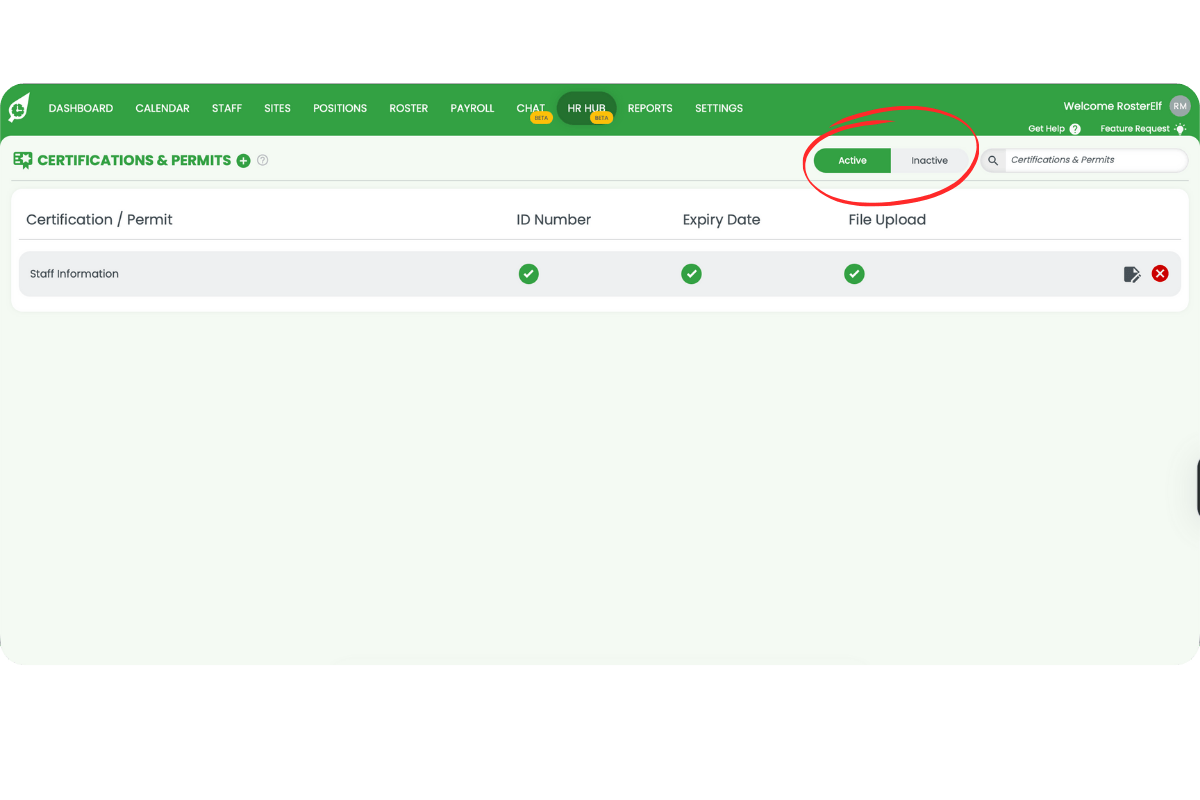 Certificates & Permits screen showing Active/Inactive toggle and search field in the top right