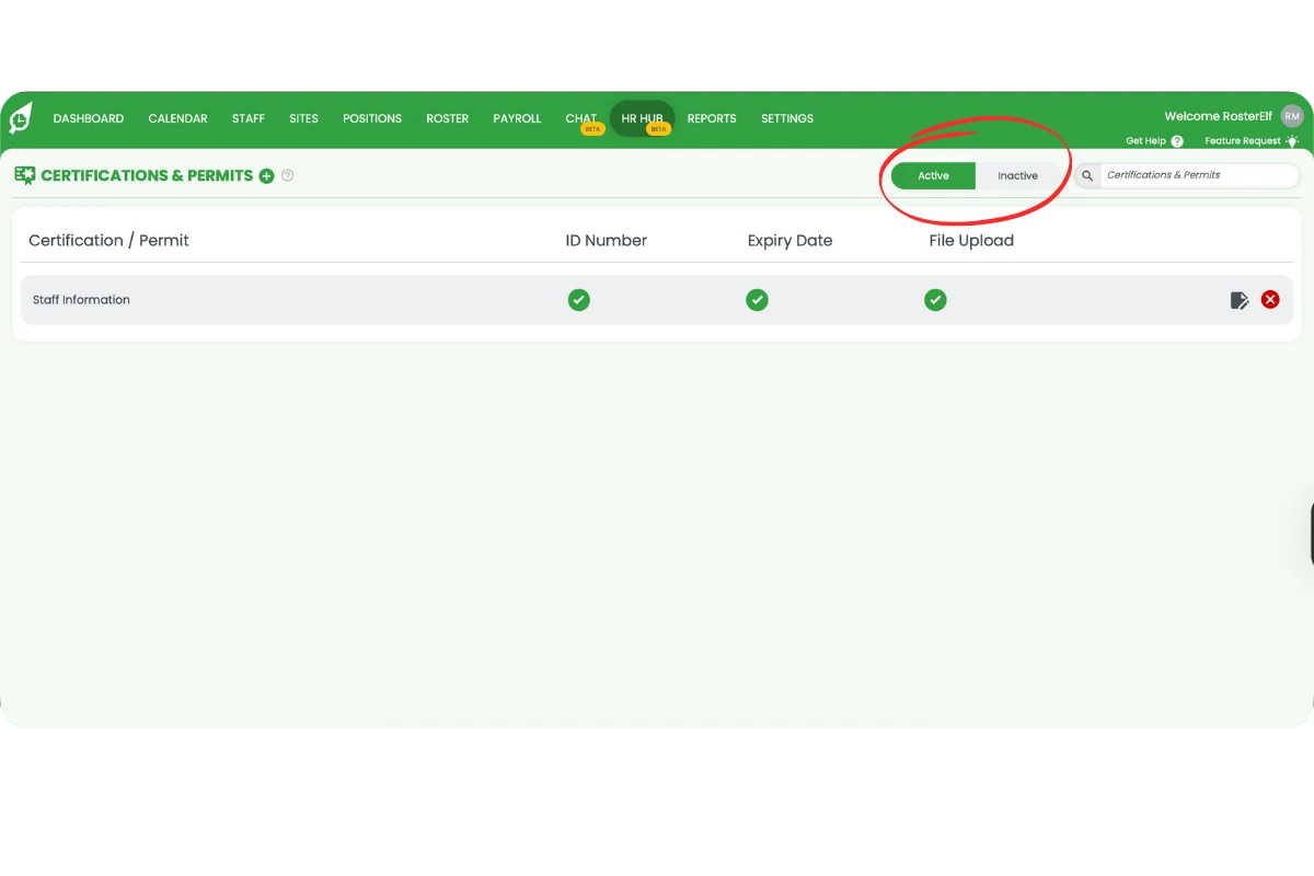 Certificates & Permits screen showing Active/Inactive toggle and search field in the top right